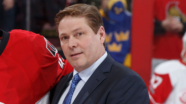 OTTAWA, ON - APRIL 4: Craig Anderson #41 of the Ottawa Senators is presented with a silver puck by Pierre Dorion and Randy Lee as he is honored for having played 500 career NHL games prior to a game against the Detroit Red Wings at Canadian Tire Centre on April 4, 2017 in Ottawa, Ontario, Canada.