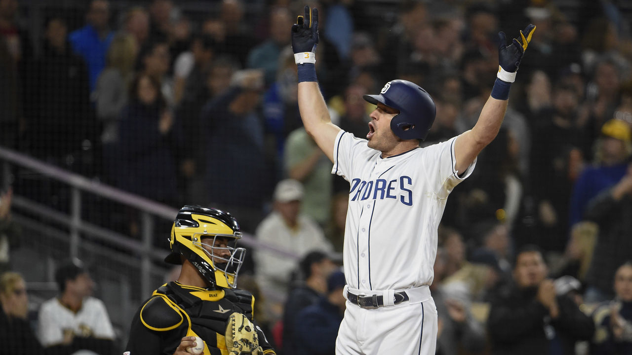 SAN DIEGO, CA - MAY 16: Ian Kinsler #3 of the San Diego Padres celebrates after hitting a three-run home run during the sixth inning of a baseball game against the Pittsburgh Pirates at Petco Park May 16, 2019 in San Diego, California.