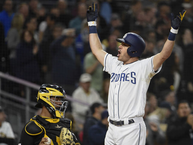 SAN DIEGO, CA - MAY 16: Ian Kinsler #3 of the San Diego Padres celebrates after hitting a three-run home run during the sixth inning of a baseball game against the Pittsburgh Pirates at Petco Park May 16, 2019 in San Diego, California.