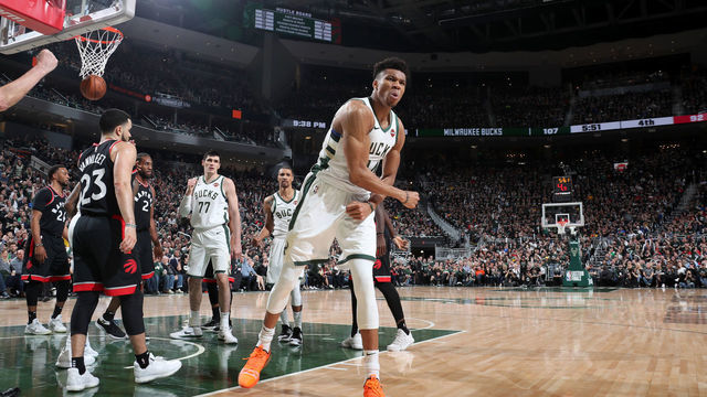 MILWAUKEE, WI - MAY 17: Giannis Antetokounmpo #34 of the Milwaukee Bucks reacts to a play against the Toronto Raptors during Game Two of the Eastern Conference Finals on May 17, 2019 at the Fiserv Forum in Milwaukee, Wisconsin. NOTE TO USER: User expressly acknowledges and agrees that, by downloading and/or using this photograph, user is consenting to the terms and conditions of the Getty Images License Agreement. Mandatory Copyright Notice: Copyright 2019 NBAE