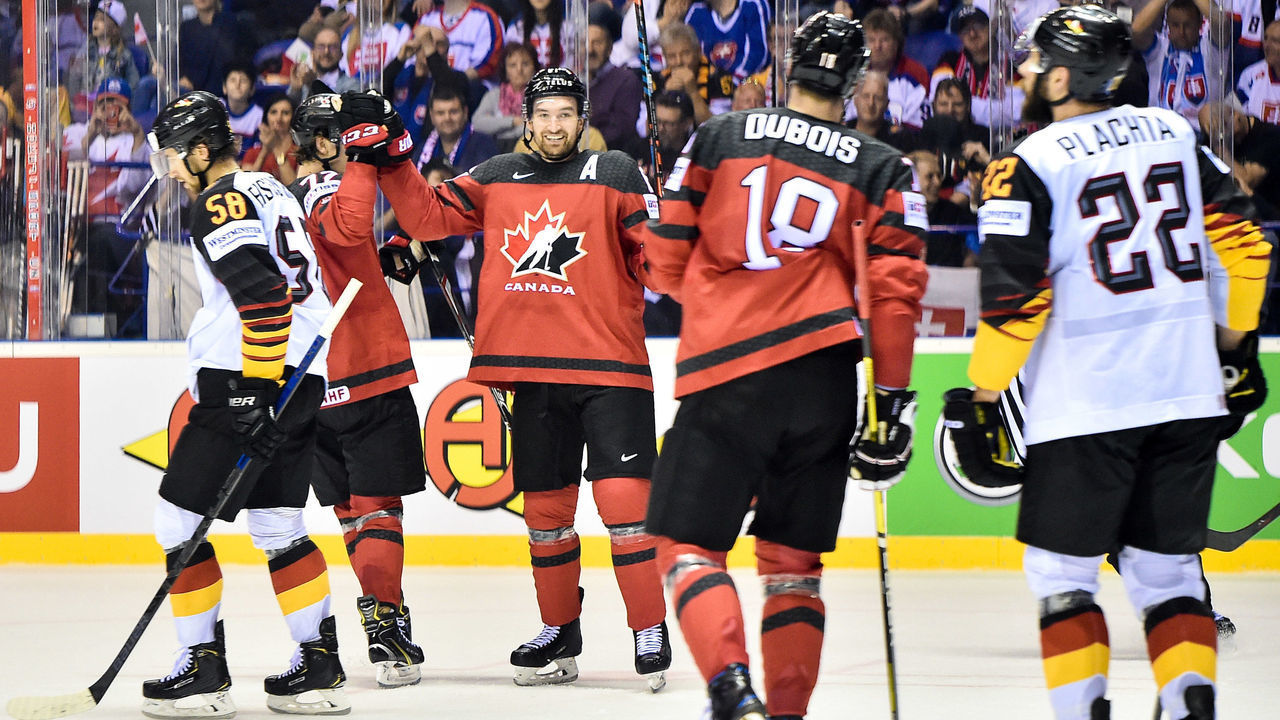 KOSICE, SLOVAKIA - MAY 18: Mark Stone #61 of Canada celebrates scoring a goal during the 2019 IIHF Ice Hockey World Championship Slovakia group A game between Canada and Germany at Steel Arena on May 18, 2019 in Kosice, Slovakia.
