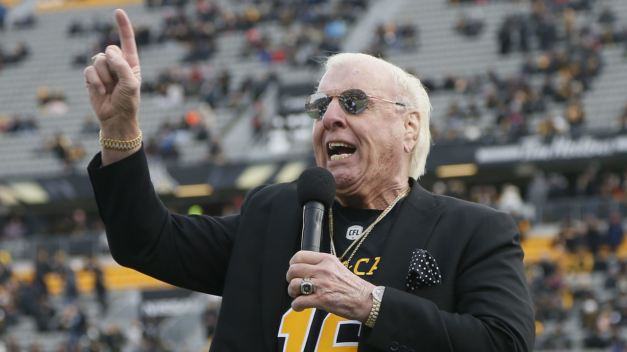 HAMILTON, ON - NOVEMBER 11: Former professional wrestler Ric Flair addresses the Hamilton Tiger-Cats fans prior to the start of the Eastern Semi-Final game against the BC Lions at Tim Hortons Field on November 11, 2018 in Hamilton, Ontario, Canada. Hamilton defeated BC 48-8.