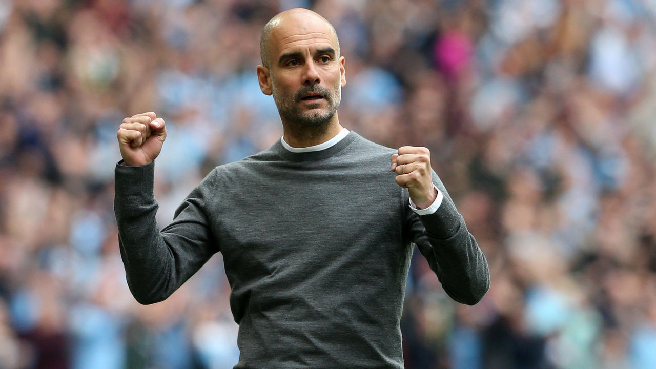 LONDON, ENGLAND - MAY 18: Josep Guardiola, Manager of Manchester City reacts during the FA Cup Final match between Manchester City and Watford at Wembley Stadium on May 18, 2019 in London, England.