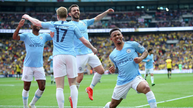 LONDON, ENGLAND - MAY 18: Kevin De Bruyne of Manchester City celebrates after scoring his team's third goal with teammate Gabriel Jesus during the FA Cup Final match between Manchester City and Watford at Wembley Stadium on May 18, 2019 in London, England.