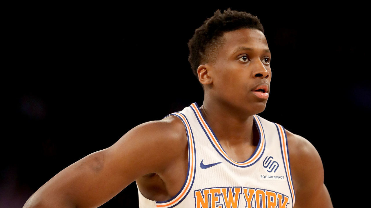 NEW YORK, NEW YORK - JANUARY 23: Frank Ntilikina #11 of the New York Knicks looks on during a free throw in the first quarter against the Houston Rockets at Madison Square Garden on January 23, 2019 in New York City.