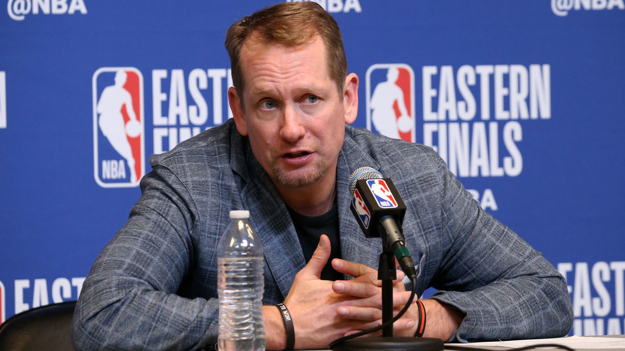 MILWAUKEE, WI - MAY 15: Head Coach Nick Nurse of the Toronto Raptors is interviewed after a game against the Milwaukee Bucks after Game One of the Eastern Conference Finals of the 2019 NBA Playoffs on May 15, 2019 at the Fiserv Forum Center in Milwaukee, Wisconsin. Mandatory Copyright Notice: Copyright 2019 NBAE .