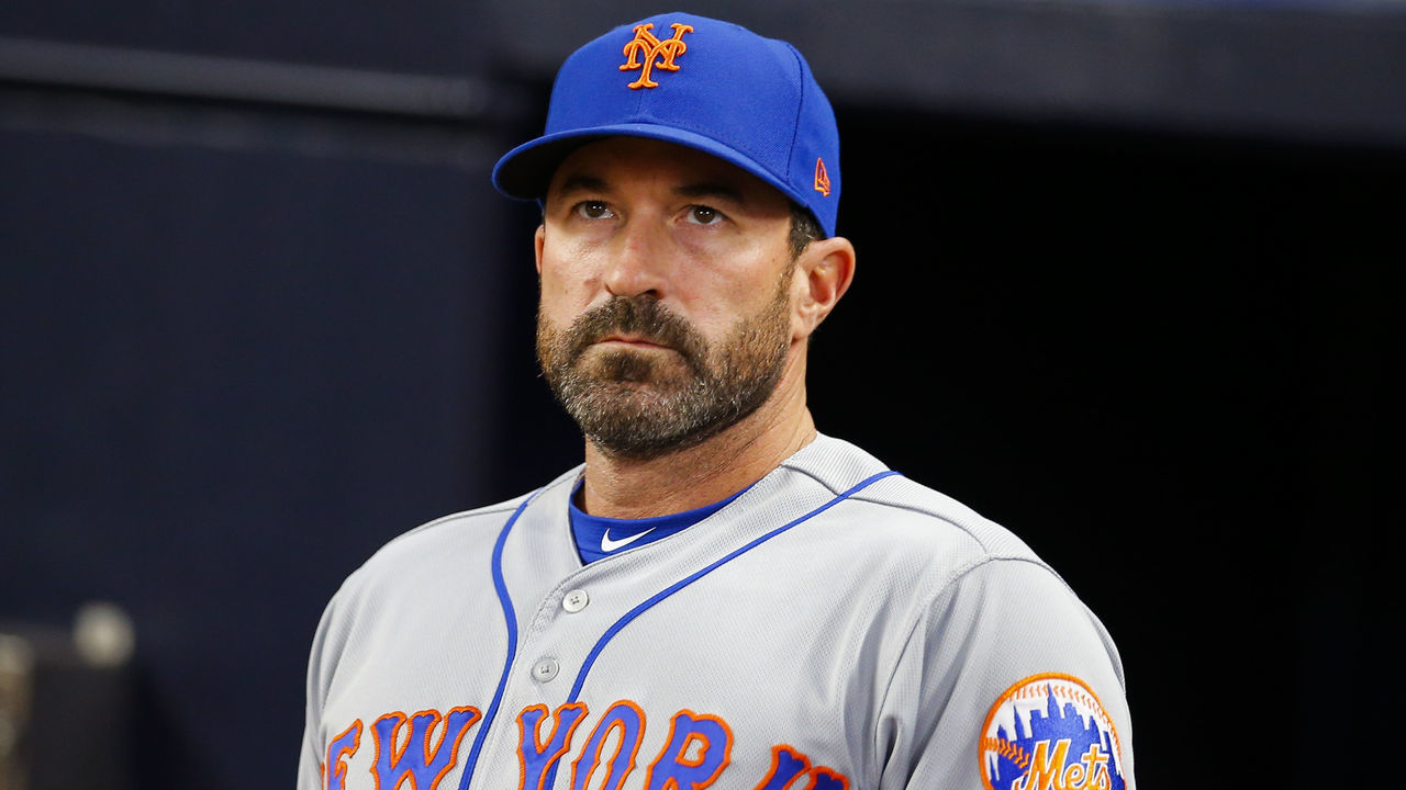 ATLANTA, GA - APRIL 12: Manager Mickey Callaway of the New York Mets looks on before the seventh inning of an MLB game against the Atlanta Braves at SunTrust Park on April 12, 2018 in Atlanta, Georgia.