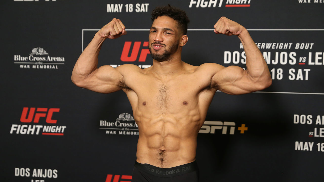 ROCHESTER, NY - MAY 17: Kevin Lee poses on the scale during the UFC Fight Night weigh-in at Rochester Riverside Hotel on May 17, 2019 in Rochester, New York.
