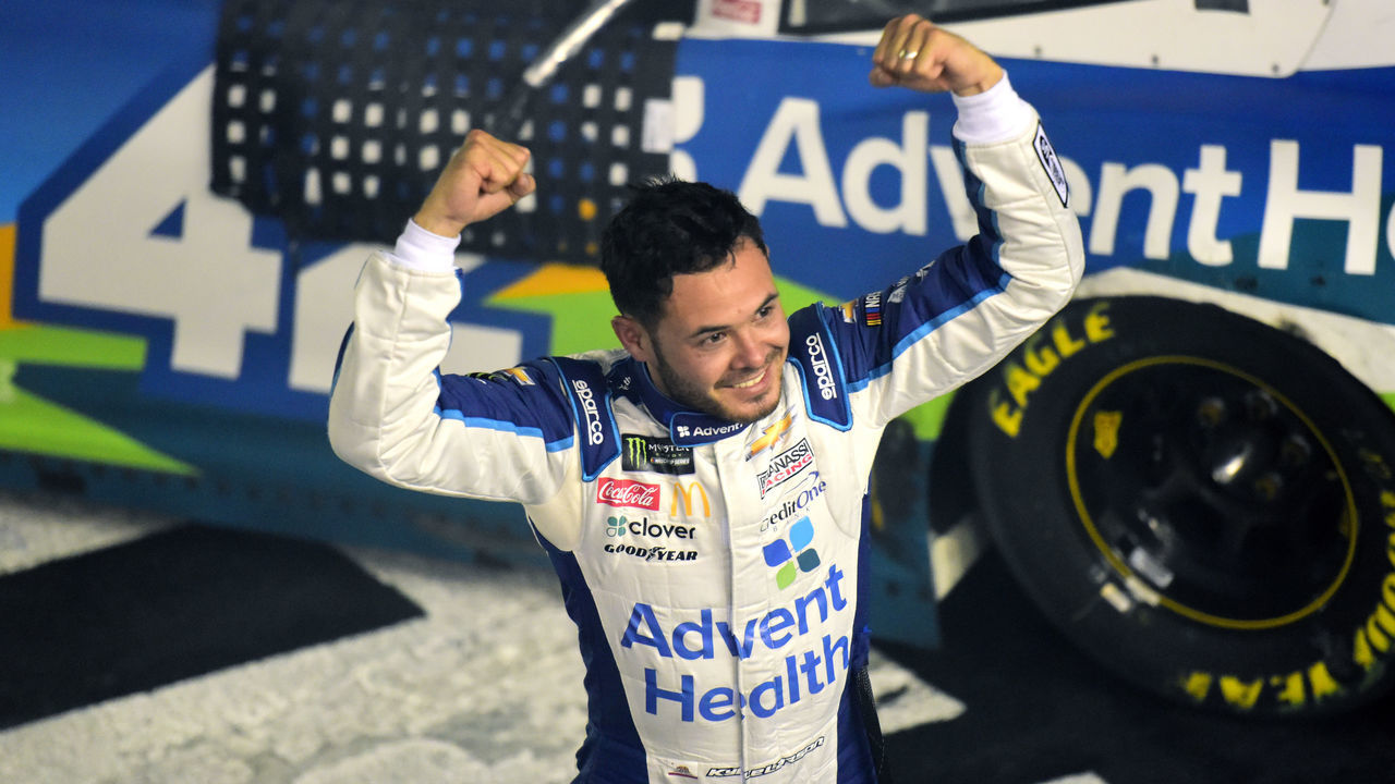 CHARLOTTE, NORTH CAROLINA - MAY 18: Kyle Larson, driver of the #42 Advent Health Chevrolet, celebrates winning the Monster Energy NASCAR Cup Series All-Star Race at Charlotte Motor Speedway on May 18, 2019 in Charlotte, North Carolina.