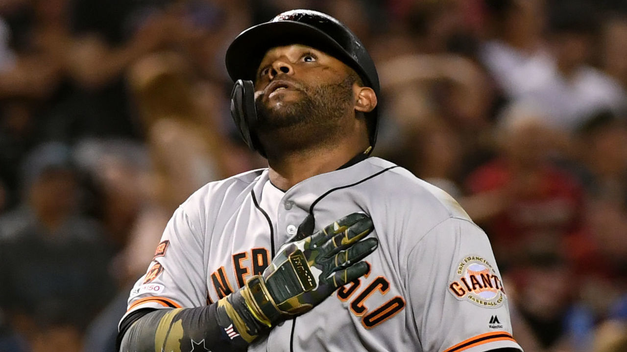 PHOENIX, ARIZONA - MAY 18: Pablo Sandoval #48 of the San Francisco Giants gestures after hitting a solo home run during the eighth inning against the Arizona Diamondbacks at Chase Field on May 18, 2019 in Phoenix, Arizona.