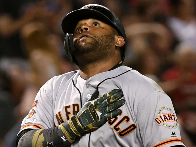 PHOENIX, ARIZONA - MAY 18: Pablo Sandoval #48 of the San Francisco Giants gestures after hitting a solo home run during the eighth inning against the Arizona Diamondbacks at Chase Field on May 18, 2019 in Phoenix, Arizona.