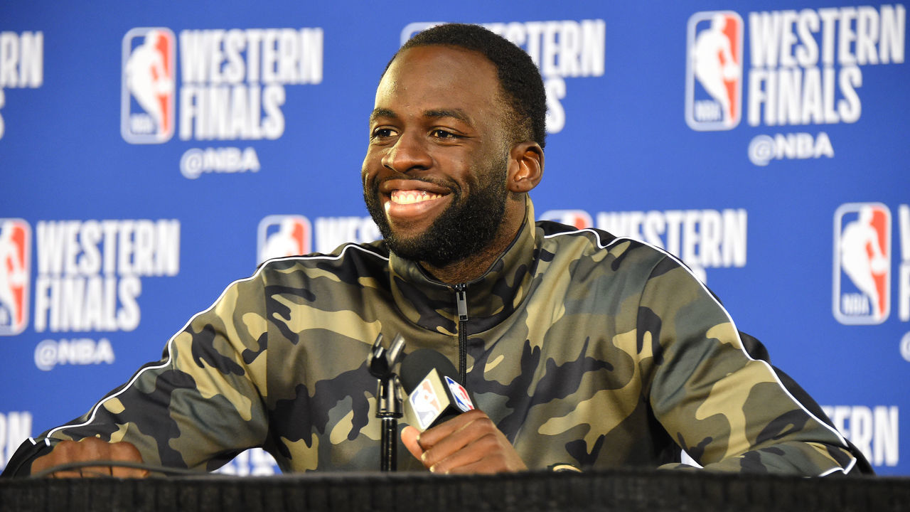 PORTLAND, OR - MAY 18: Draymond Green #23 of the Golden State Warriors speaks to the media after Game Three of the Western Conference Finals against the Portland Trail Blazers on May 18, 2019 at the Moda Center in Portland, Oregon. NOTE TO USER: User expressly acknowledges and agrees that, by downloading and/or using this photograph, user is consenting to the terms and conditions of the Getty Images License Agreement. Mandatory Copyright Notice: Copyright 2019 NBAE