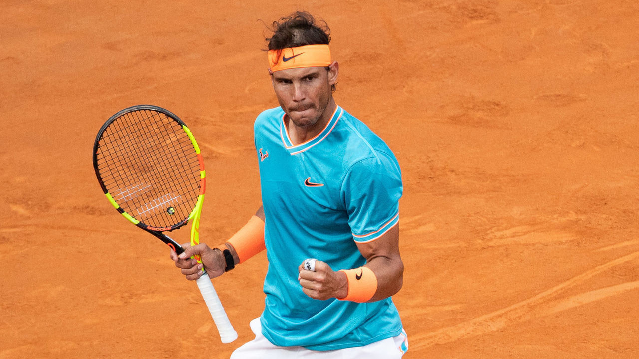 Rafael Nadal (SPA) celebrates in his Mens Final match against Novak Djokovic (SRB) during Internazionali BNL D'Italia Italian Open at the Foro Italico, Rome, Italy on 19 May 2019.