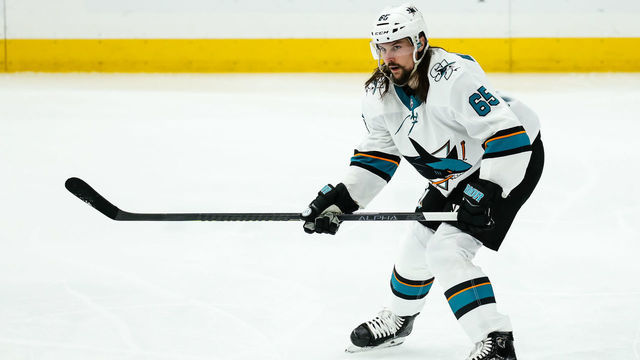 ST. LOUIS, MO - MAY 17: San Jose Sharks' Erik Karlsson on the ice during the second period of Game 4 of the NHL hockey Stanley Cup Western Conference final series between the St. Louis Blues and the San Jose Sharks on May 17, 2019, at the Enterprise Center in St. Louis, MO.
