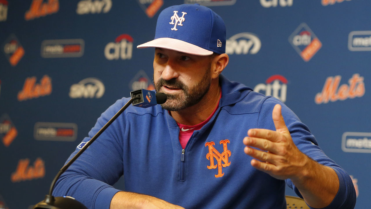 NEW YORK, NEW YORK - MAY 12: New York Mets manager Mickey Callaway #36 of the New York Mets speaks at a press conference after a game against the Miami Marlins was postponed due to rain at Citi Field on May 12, 2019 in the Queens borough of New York City.