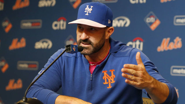NEW YORK, NEW YORK - MAY 12: New York Mets manager Mickey Callaway #36 of the New York Mets speaks at a press conference after a game against the Miami Marlins was postponed due to rain at Citi Field on May 12, 2019 in the Queens borough of New York City.