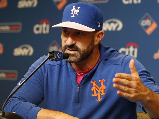NEW YORK, NEW YORK - MAY 12: New York Mets manager Mickey Callaway #36 of the New York Mets speaks at a press conference after a game against the Miami Marlins was postponed due to rain at Citi Field on May 12, 2019 in the Queens borough of New York City.
