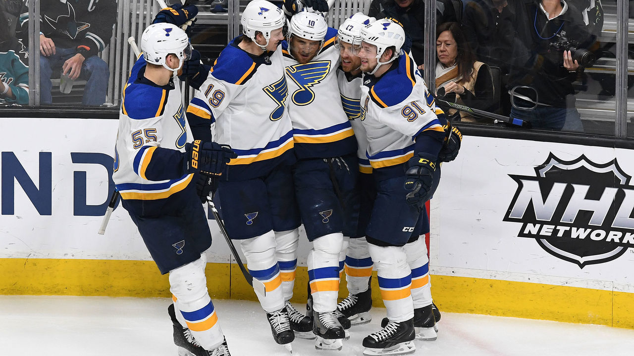 SAN JOSE, CALIFORNIA - MAY 19: Jaden Schwartz #17 of the St. Louis Blues celebrates with Colton Parayko #55, Jay Bouwmeester #19, Vladimir Tarasenko #91 and Brayden Schenn #10 after his second goal against the San Jose Sharks in Game Five of the Western Conference Final during the 2019 NHL Stanley Cup Playoffs at SAP Center on May 19, 2019 in San Jose, California.