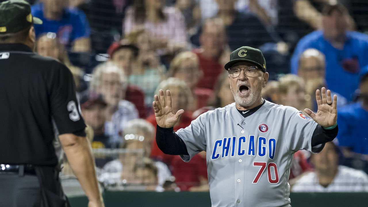 WASHINGTON, DC - MAY 18: Manager Joe Maddon #70 of the Chicago Cubs argues with umpire Sam Holbrook #34 during the ninth inning against the Washington Nationals at Nationals Park on May 18, 2019 in Washington, DC.