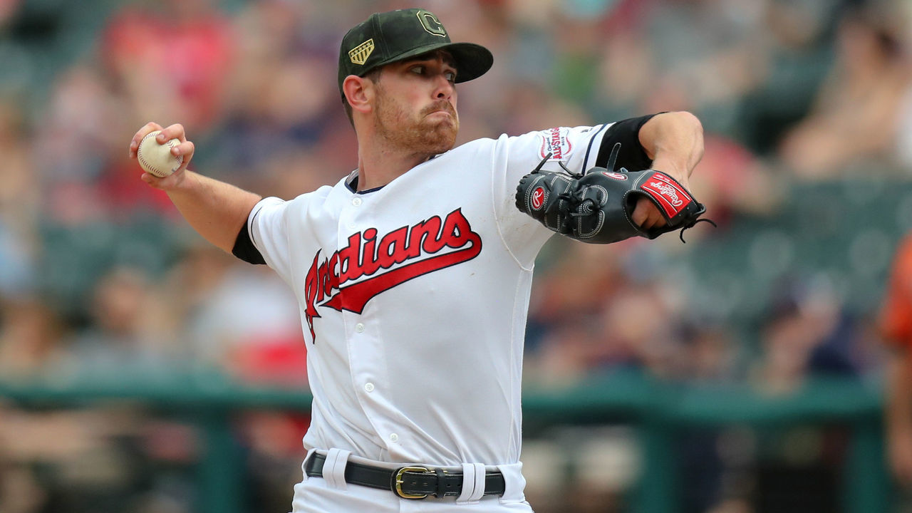 CLEVELAND, OH - MAY 19: Cleveland Indians starting pitcher Shane Bieber (57) delivers a pitch to the plate during the eighth inning of the Major League Baseball game between the Baltimore Orioles and Cleveland Indians on May 19, 2019, at Progressive Field in Cleveland, OH.