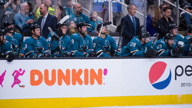 SAN JOSE, CA - APRIL 12: The San Jose Sharks bench during the Stanley Cup Playoffs game between the San Jose Sharks and the Las Vegas Golden Knights on April 12, 2019, at SAP Center in San Jose, CA.