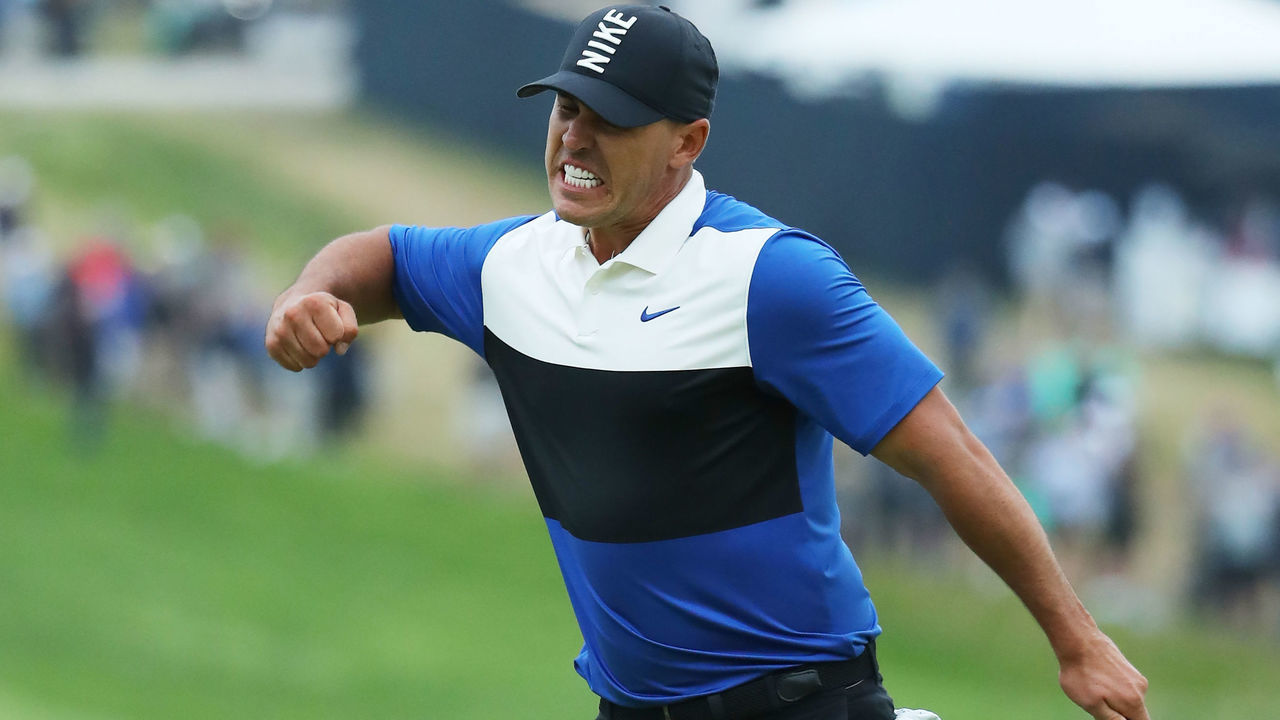 FARMINGDALE, NEW YORK - MAY 19: Brooks Koepka of the United States reacts to his putt on the 18th green during the final round of the 2019 PGA Championship at the Bethpage Black course on May 19, 2019 in Farmingdale, New York.
