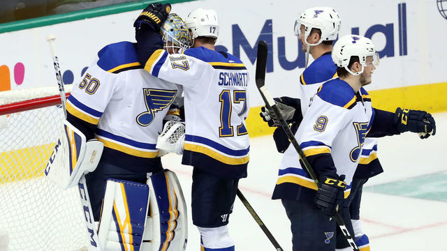 DALLAS, TEXAS - MAY 05: Jordan Binnington #50 of the St. Louis Blues and Jaden Schwartz #17 celebrate a 4-1 win against the Dallas Stars in Game Six of the Western Conference Second Round of the 2019 NHL Stanley Cup Playoffs at American Airlines Center on May 5, 2019 in Dallas, Texas.