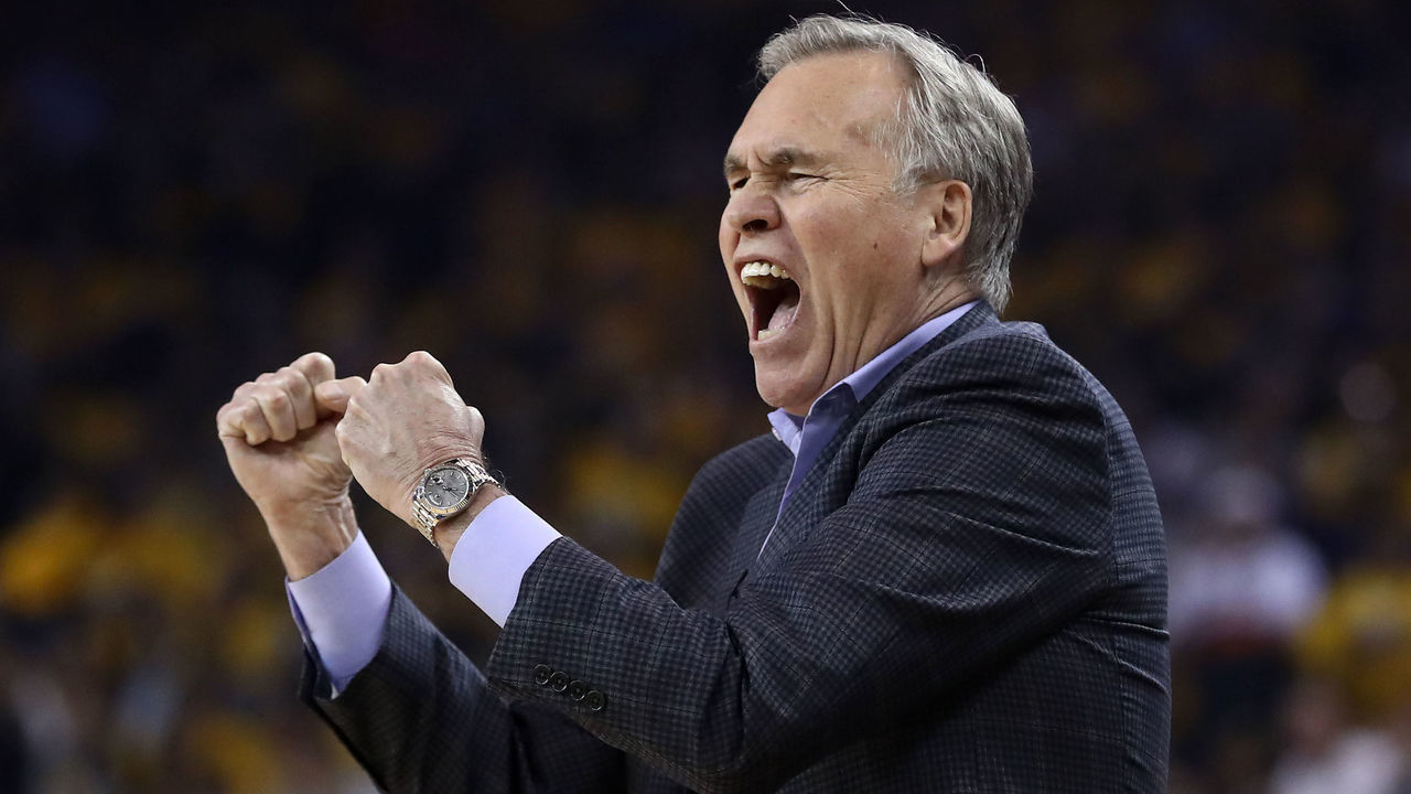 OAKLAND, CALIFORNIA - MAY 08: Head coach Mike D'Antoni of the Houston Rockets reacts on the side of the court during their game against the Golden State Warriors during Game Five of the Western Conference Semifinals of the 2019 NBA Playoffs at ORACLE Arena on May 08, 2019 in Oakland, California.
