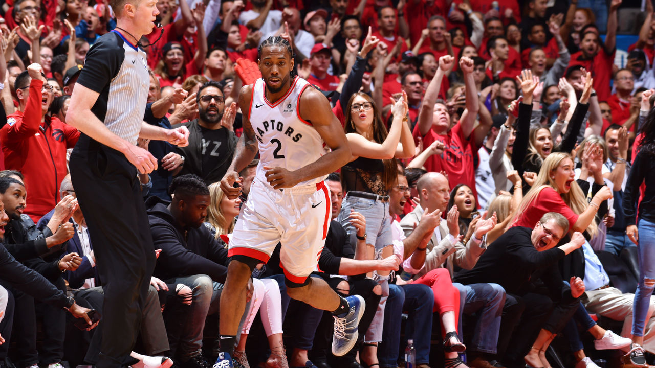 TORONTO, CANADA - MAY 19: Kawhi Leonard #2 of the Toronto Raptors runs on during a game against the Milwaukee Bucks during Game Three of the Eastern Conference Finals of the 2019 NBA Playoffs on May 19, 2019 at the Scotiabank Arena in Toronto, Ontario, Canada. Mandatory Copyright Notice: Copyright 2019 NBAE