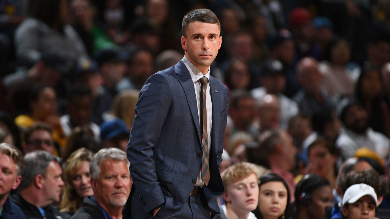 DENVER, CO - APRIL 10: Head Coach Ryan Saunders of the Minnesota Timberwolves looks on against the Denver Nuggets on April 10, 2019 at the Pepsi Center in Denver, Colorado. NOTE TO USER: User expressly acknowledges and agrees that, by downloading and/or using this Photograph, user is consenting to the terms and conditions of the Getty Images License Agreement. Mandatory Copyright Notice: Copyright 2019 NBAE