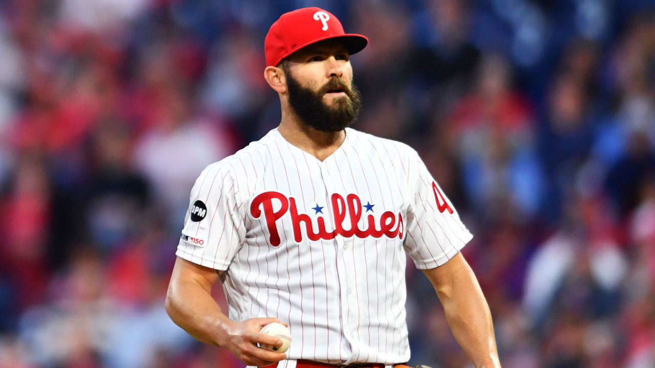 PHILADELPHIA, PA - MAY 15: The sun sets on the crowd behind Philadelphia Phillies Starting Pitcher Jake Arrieta (49) in the third inning during the game between the Milwaukee Brewers and Philadelphia Phillies on May 15, 2019 at Citizens Bank Park in Philadelphia, PA.