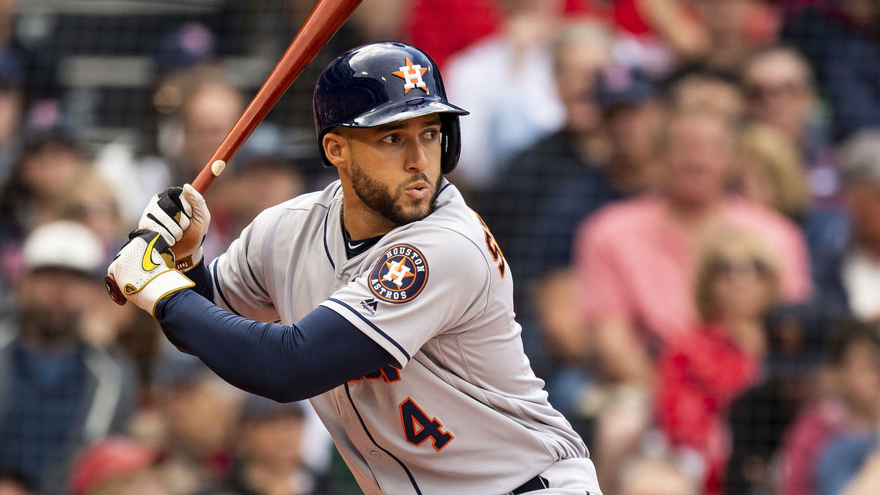 BOSTON, MA - MAY 19: George Springer #4 of the Houston Astros bats during the second inning of a game against the Boston Red Sox on May 19, 2019 at Fenway Park in Boston, Massachusetts.