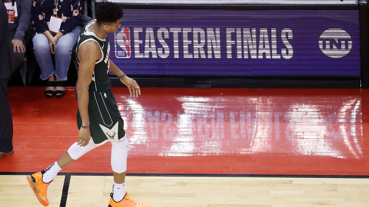 TORONTO, ON- MAY 19 - Milwaukee Bucks forward Giannis Antetokounmpo (34) fouls out in overtime as the Toronto Raptors beat the Milwaukee Bucks 118-112 in double overtime in the Eastern Conference NBA Final at Scotiabank Arena in Toronto. May 19, 2019. (Steve Russell/Toronto Star via Getty Images)