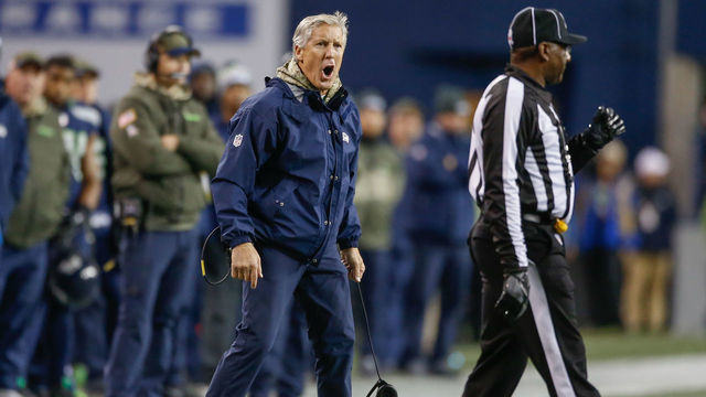 SEATTLE, WA - NOVEMBER 20: Head coach Pete Carroll of the Seattle Seahawks yells at the referee during the game against the Atlanta Falcons at CenturyLink Field on November 20, 2017 in Seattle, Washington.