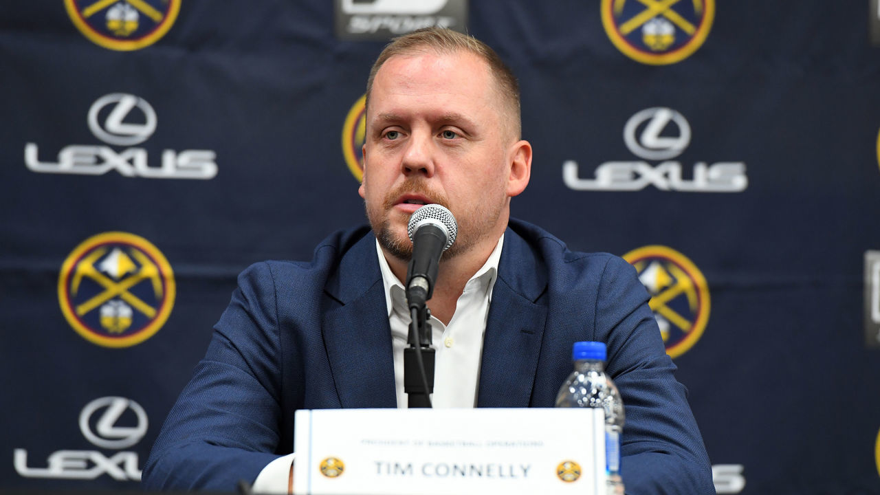 DENVER, CO - SEPTEMBER 24: Tim Connelly of the Denver Nuggets speaks to the media during a press conference at media day on September 24, 2018 at the Pepsi Center in Denver, Colorado. NOTE TO USER: User expressly acknowledges and agrees that, by downloading and/or using this Photograph, user is consenting to the terms and conditions of the Getty Images License Agreement. Mandatory Copyright Notice: Copyright 2018 NBAE