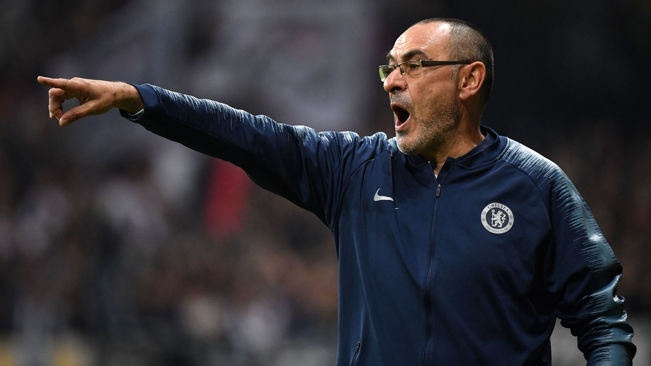 FRANKFURT AM MAIN, GERMANY - MAY 02: Maurizio Sarri, head caoch of Chelsea during the UEFA Europa League Semi Final First Leg match between Eintracht Frankfurt and Chelsea at Commerzbank-Arena on May 02, 2019 in Frankfurt am Main, Germany.