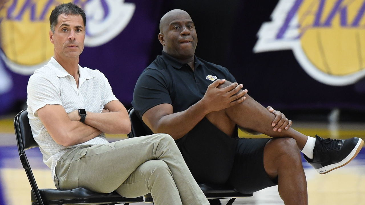 EL SEGUNDO, CA - SEPTEMBER 26: Lakers President of Basketball Operations Earvin 'Magic' Johnson and General Manager Rob Pelinka look on at practice at UCLA Health Training Center on September 25, 2018 in El Segundo, California. NOTE TO USER: User expressly acknowledges and agrees that, by downloading and/or using this Photograph, user is consenting to the terms and conditions of the Getty Images License Agreement. Mandatory Copyright Notice: Copyright 2018 NBAE