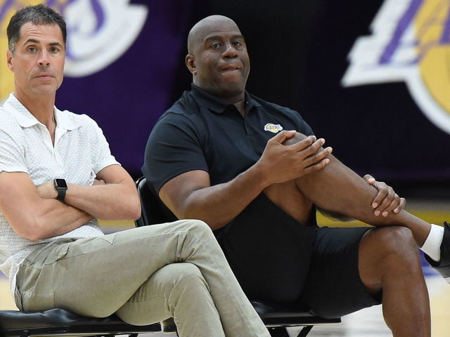 EL SEGUNDO, CA - SEPTEMBER 26: Lakers President of Basketball Operations Earvin 'Magic' Johnson and General Manager Rob Pelinka look on at practice at UCLA Health Training Center on September 25, 2018 in El Segundo, California. NOTE TO USER: User expressly acknowledges and agrees that, by downloading and/or using this Photograph, user is consenting to the terms and conditions of the Getty Images License Agreement. Mandatory Copyright Notice: Copyright 2018 NBAE