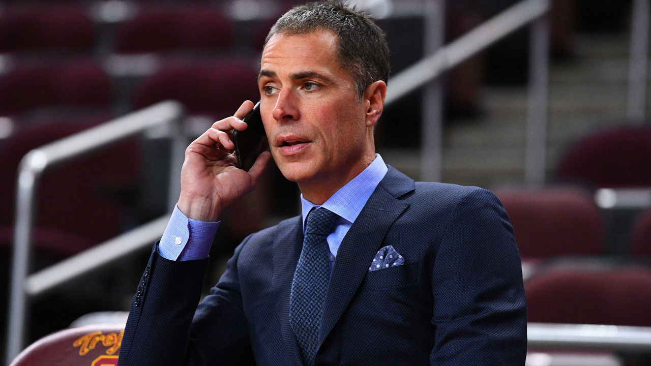 LOS ANGELES, CA - FEBRUARY 21: Los Angeles Lakers general manager Rob Pelinka talks on the phone before a college basketball game between the Oregon Ducks and the USC Trojans on February 21, 2019 at Galen Center in Los Angeles, CA.