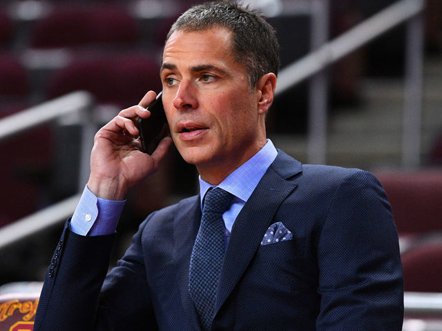 LOS ANGELES, CA - FEBRUARY 21: Los Angeles Lakers general manager Rob Pelinka talks on the phone before a college basketball game between the Oregon Ducks and the USC Trojans on February 21, 2019 at Galen Center in Los Angeles, CA.