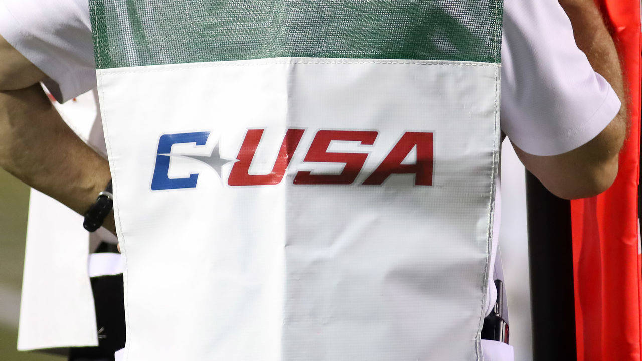 BIRMINGHAM, AL - AUGUST 30: The Conference USA (C-USA) logo is on display during the game between the Savannah State Tigers and the UAB Blazers on August 30, 2018, at Legion Field in Birmingham, AL.