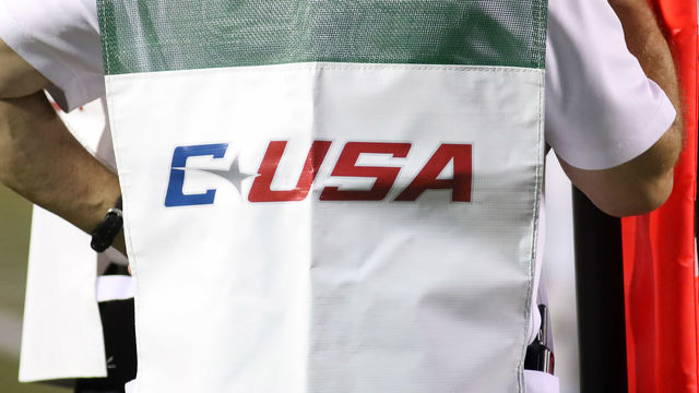 BIRMINGHAM, AL - AUGUST 30: The Conference USA (C-USA) logo is on display during the game between the Savannah State Tigers and the UAB Blazers on August 30, 2018, at Legion Field in Birmingham, AL.