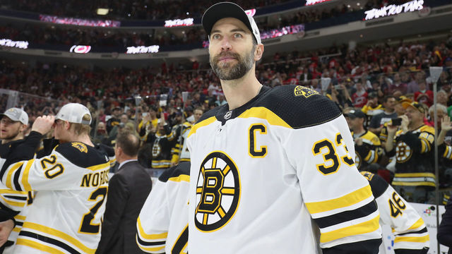 RALEIGH, NC - MAY 16: Zdeno Chara #33 of the Boston Bruins celebrates with teammates following Game Four of the Eastern Conference Third Round after defeating the Carolina Hurricanes during the 2019 NHL Stanley Cup Playoffs on May 16, 2019 at PNC Arena in Raleigh, North Carolina.