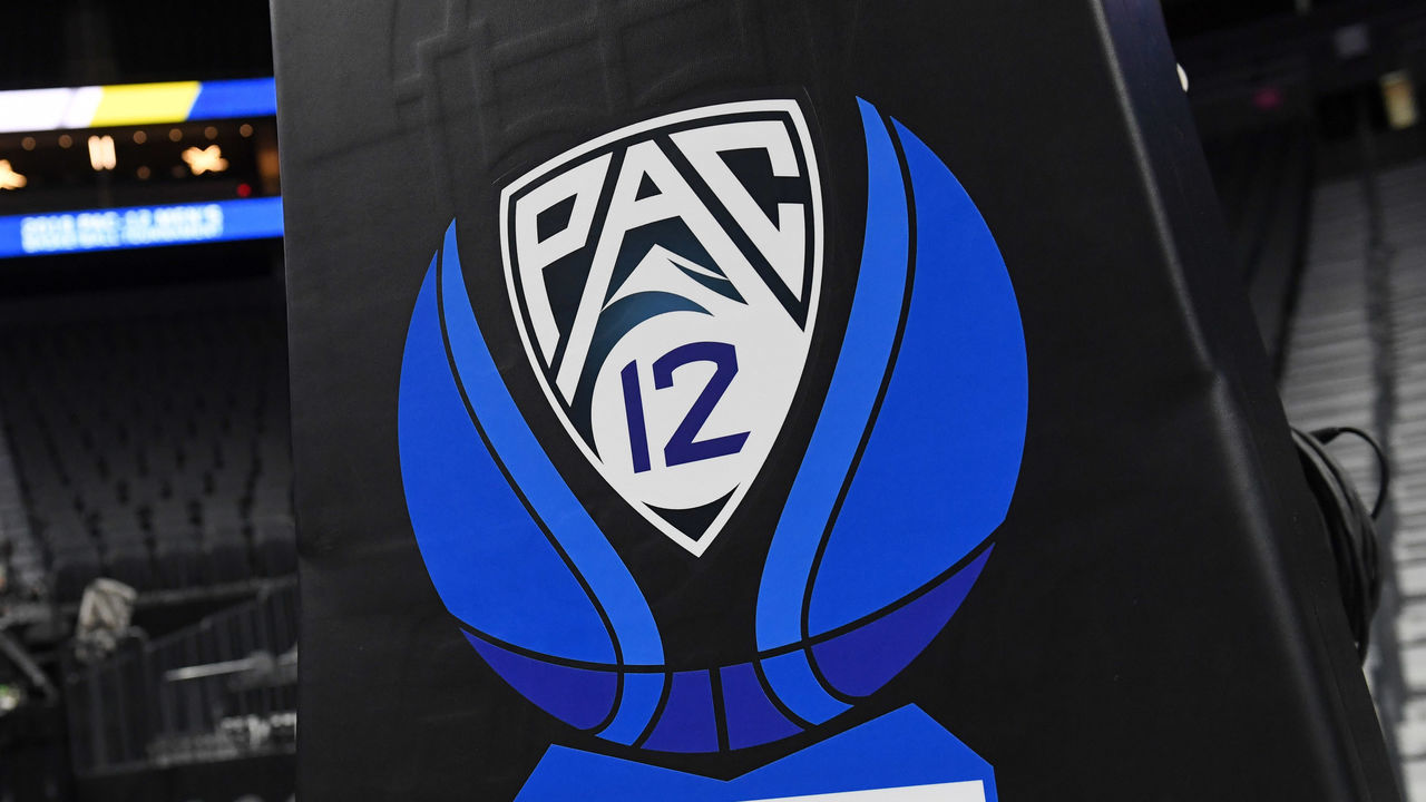 LAS VEGAS, NEVADA - MARCH 15: A Pac-12 basketball logo is shown on a stanchion before a semifinal game of the of the Pac-12 basketball tournament between the Colorado Buffaloes and the Washington Huskies at T-Mobile Arena on March 15, 2019 in Las Vegas, Nevada.