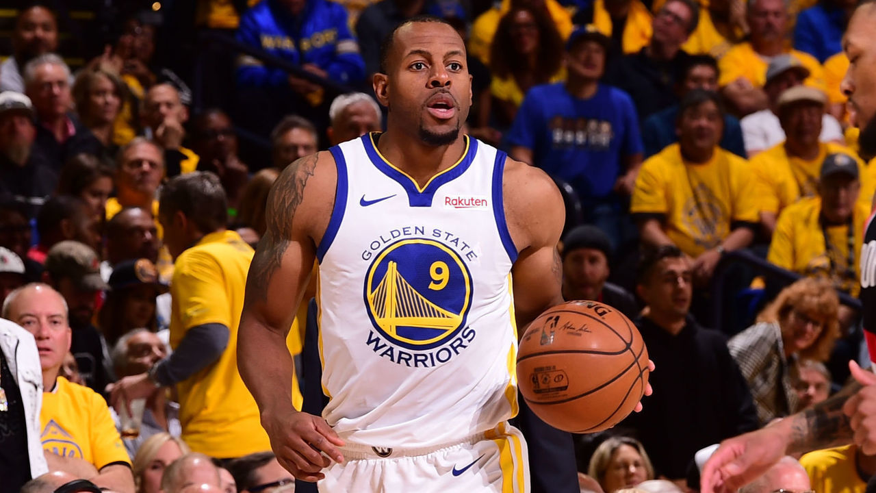 OAKLAND, CA - MAY 14: Andre Iguodala #9 of the Golden State Warriors brings the ball up the court against the Portland Trail Blazers during Game One of the 2019 Western Conference Finals of the NBA Playoffs at the ORACLE Arena on May 14, 2019 in Oakland, California. Mandatory Copyright Notice: Copyright 2019 NBAE