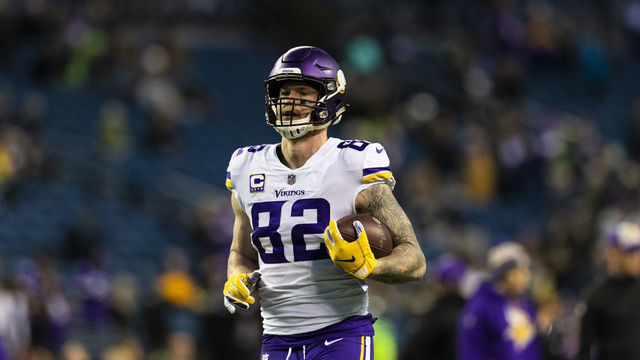SEATTLE, WA - DECEMBER 10: Minnesota Vikings tight end Kyle Rudolph (82) during the NFL regular season football game against the Seattle Seahawks on Monday, Dec, 10, 2019 at CenturyLink Field in Seattle, WA.