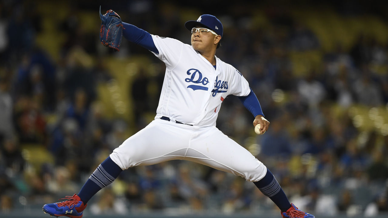 LOS ANGELES, CA - MAY 06: Pitcher Julio Urias #7 of the Los Angeles Dodgers throws against the Atlanta Braves during the ninth inning at Dodger Stadium on May 6, 2019 in Los Angeles, California.