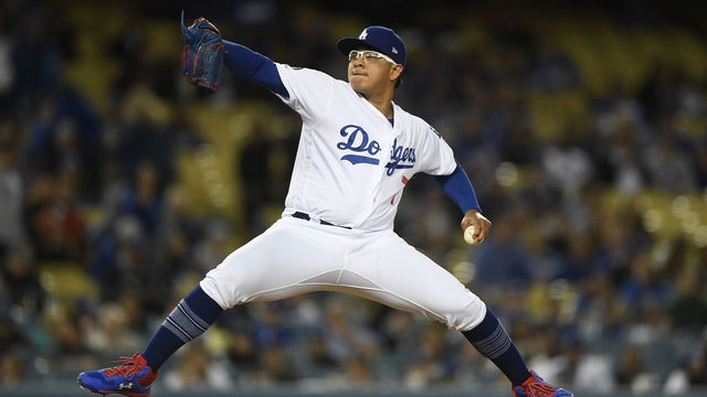 LOS ANGELES, CA - MAY 06: Pitcher Julio Urias #7 of the Los Angeles Dodgers throws against the Atlanta Braves during the ninth inning at Dodger Stadium on May 6, 2019 in Los Angeles, California.