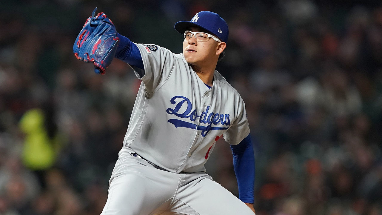 SAN FRANCISCO, CA - MAY 01: Julio Urias #7 of the Los Angeles Dodgers pitches against the San Francisco Giants in the ninth inning of a Major League baseball game at Oracle Park on May 1, 2019 in San Francisco, California. The Giants won the game 2-1.