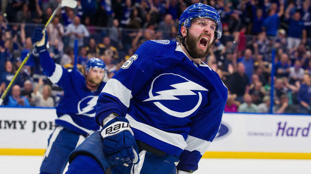TAMPA, FL - MARCH 25: Nikita Kucherov #86 of the Tampa Bay Lightning celebrates a goal against the Boston Bruins during the third period at Amalie Arena on March 25, 2019 in Tampa, Florida. "n"n
